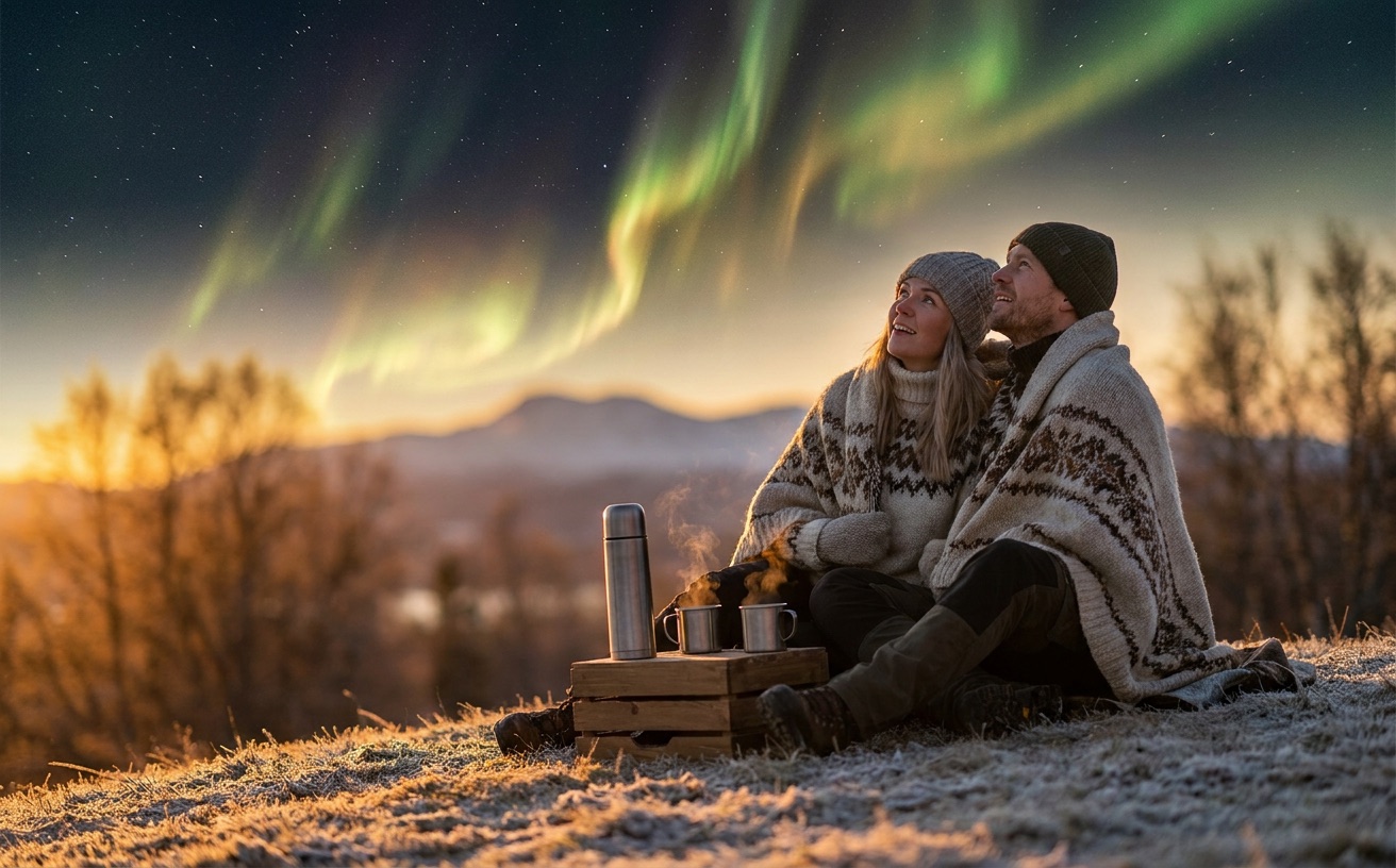 Two people wrapped in a blanket beneath the northern lights in a vast starry sky