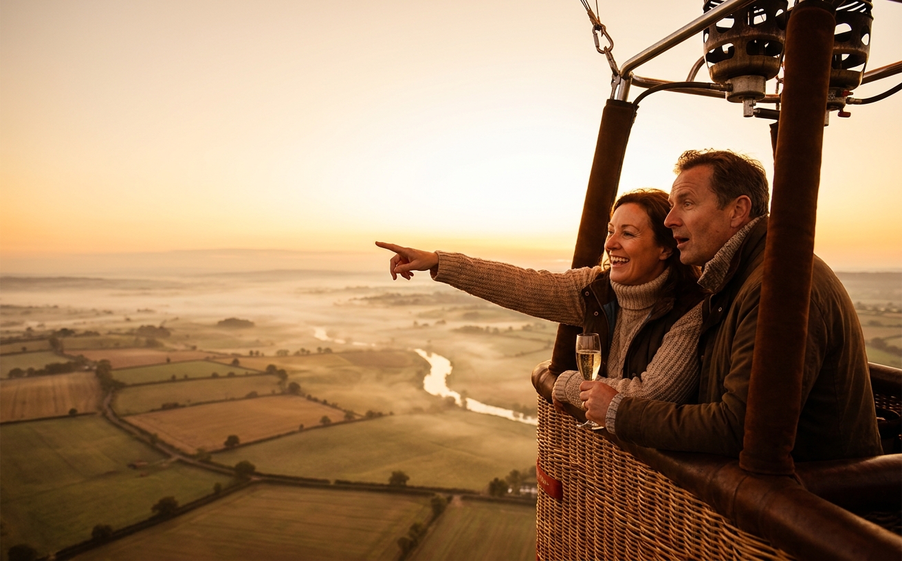 Two people share a sunrise hot-air balloon ride over the misty British countryside, a glass of fizz in hand