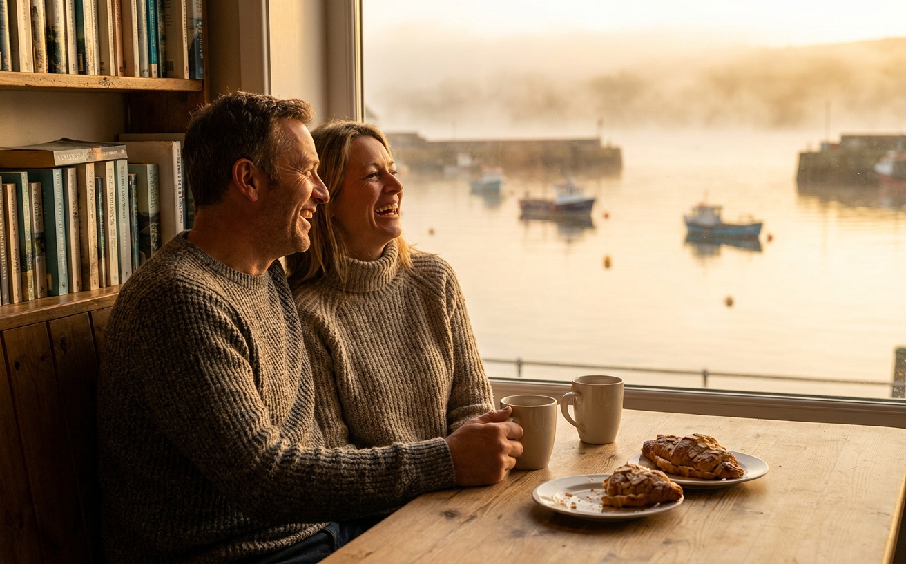 Two people sharing coffee and pastries at a cosy sunrise spot overlooking a quiet harbour