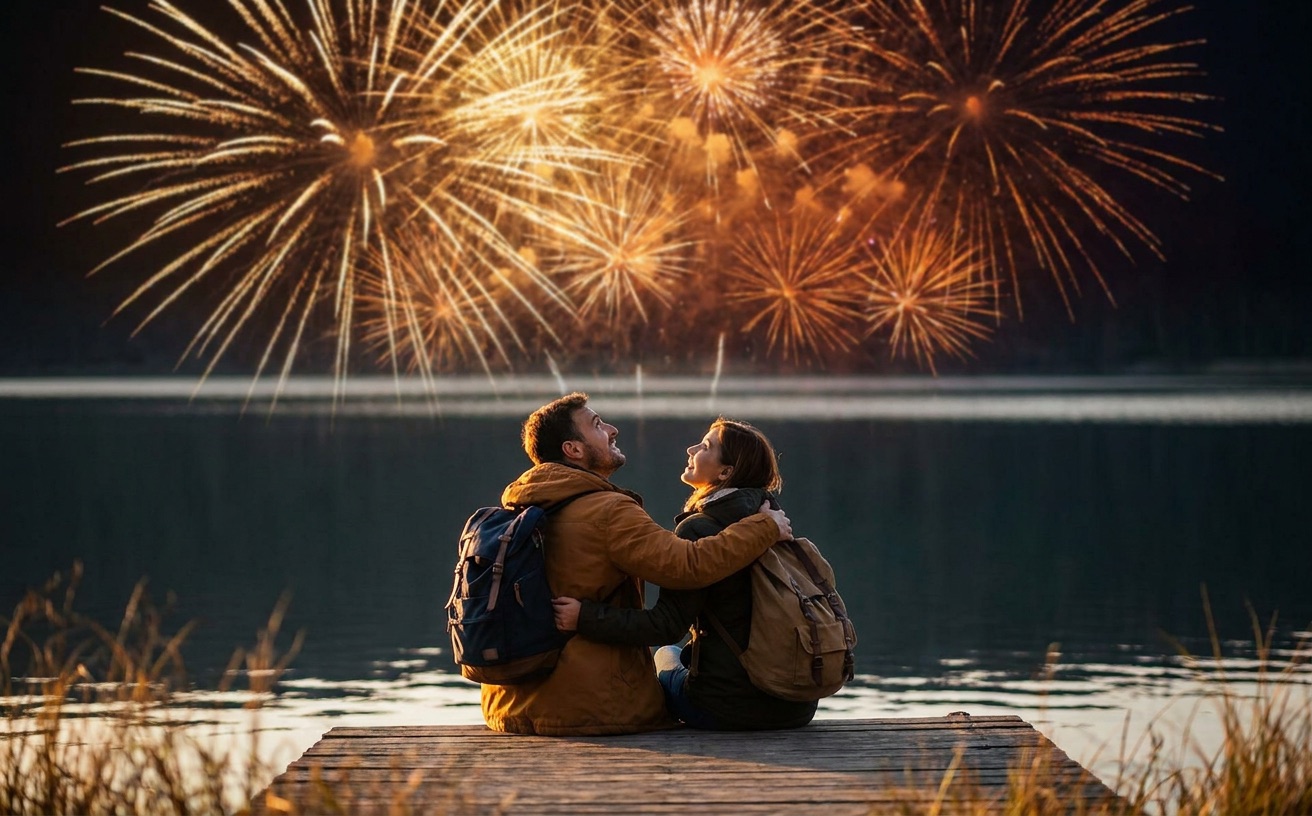 Two people watching a fireworks finale reflected over water, arms around each other