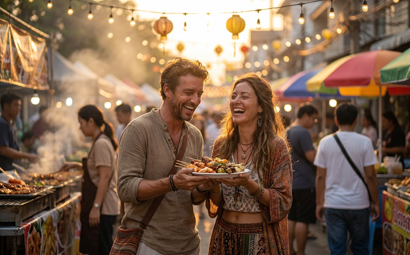 Two people exploring a vibrant street-food market together, sharing a plate under festoon lights