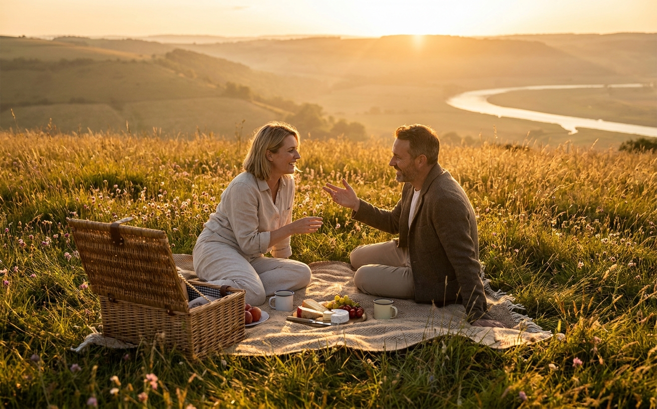 Two people sharing a golden-hour picnic on a hillside, deep in conversation