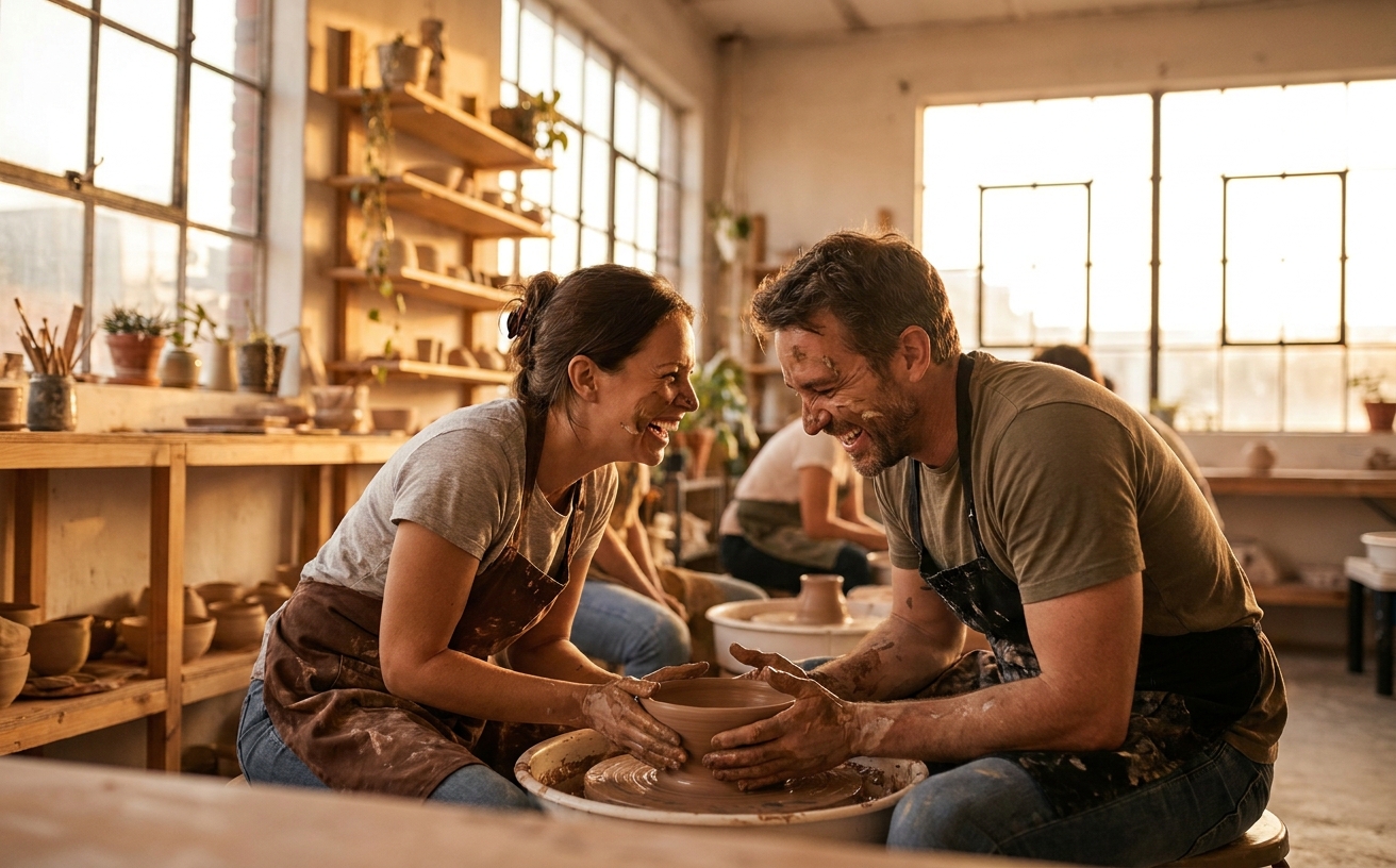 Two people laughing at a hands-on pottery class, hands covered in clay