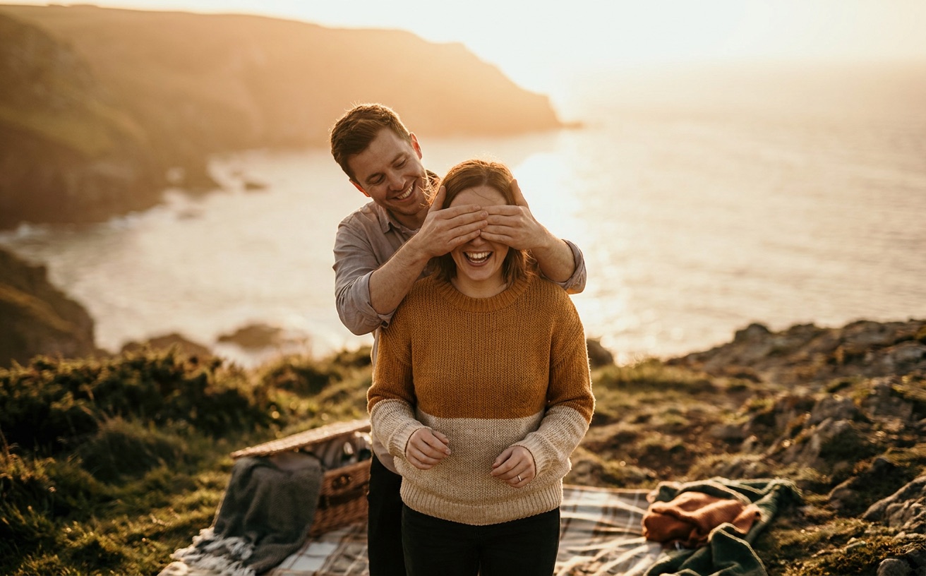 One person gently covering their partner's eyes, leading them toward a surprise on a clifftop at golden hour