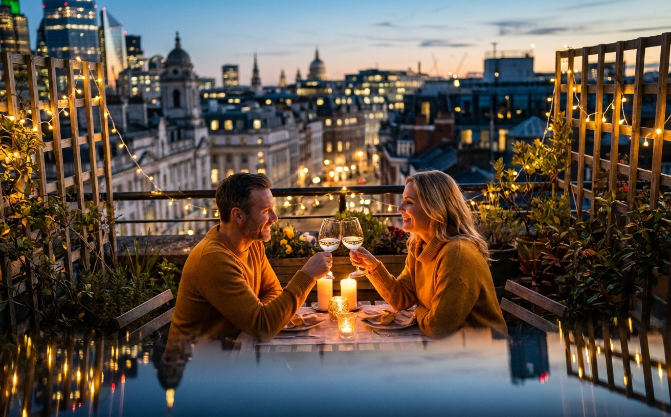 Two people at an intimate candlelit rooftop dinner in a city at dusk, glasses raised in a toast