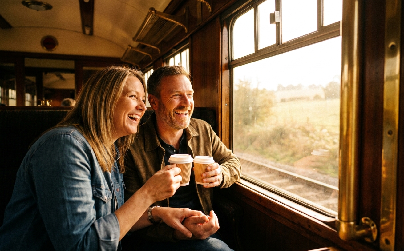 Two people on a train to a surprise weekend, watching the countryside roll past with coffees in hand