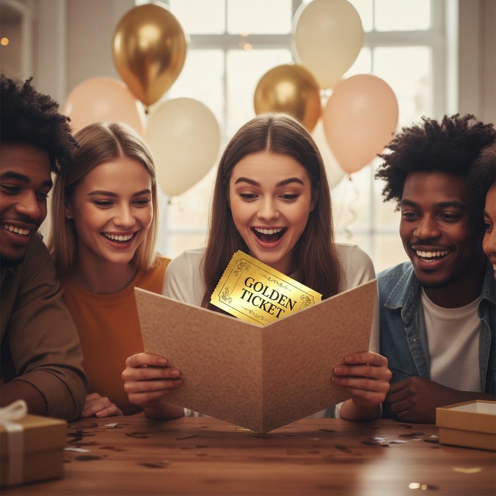 Friends laughing as a woman opens her birthday card and finds a golden ticket inside
