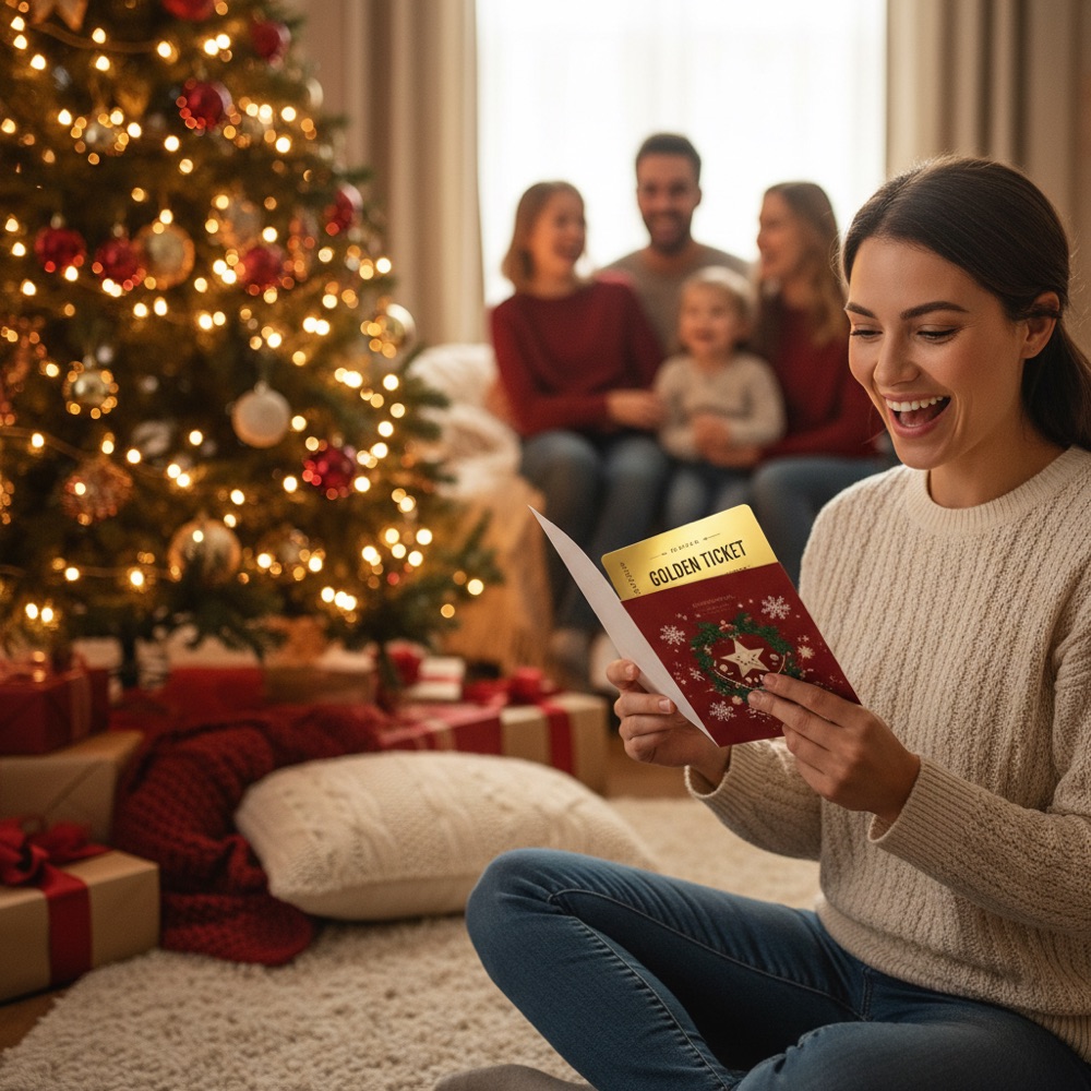 Someone by the Christmas tree discovering a golden ticket in their card